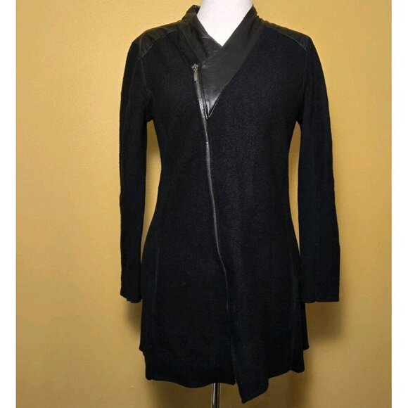 Alfani Merino Wool Cardigan Sweater Long Sleeve Black Zip Up Faux Leather Medium - Picture 1 of 8